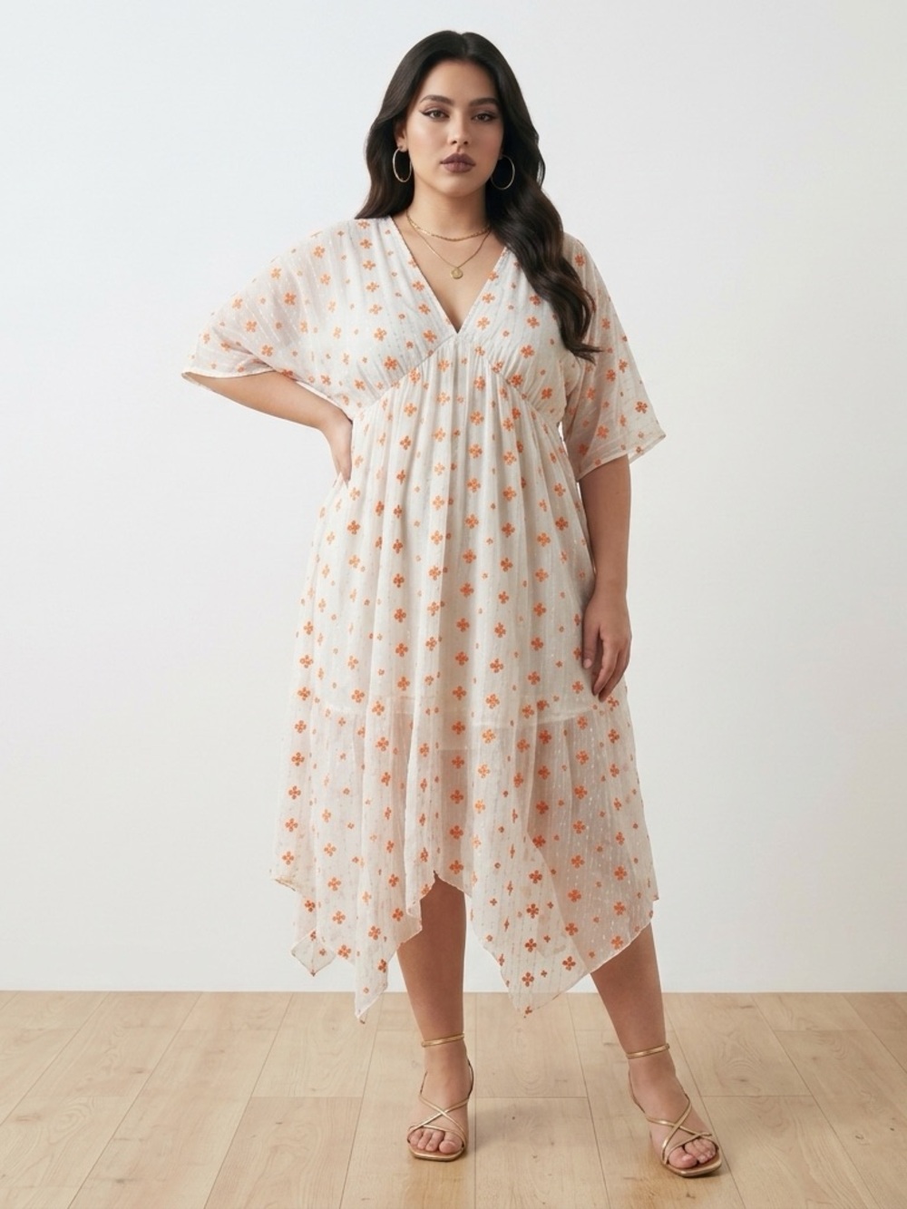 Embroidered Floral Cotton Midi Dress | Kimono Sleeves | Handkerchief Hem